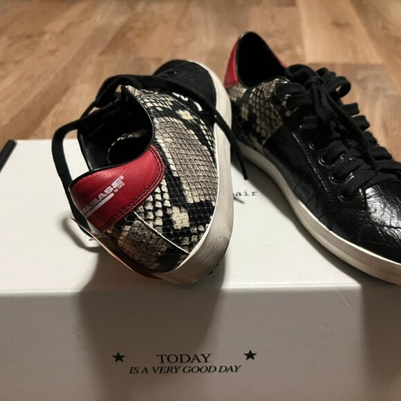 Primabase Sneakers Black Textured Leather Snake Print Red Heel - Picture 2 of 13